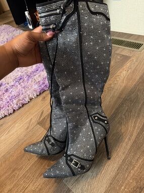 Sparkle Studded Black Knee-High Stiletto Boots